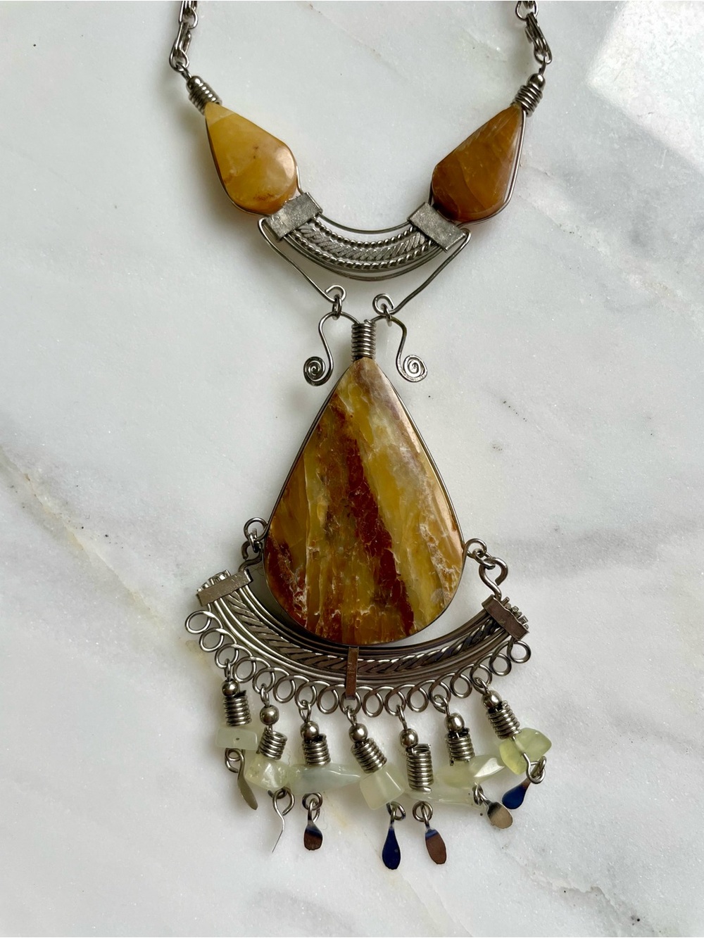 Silver tone Yellow Agate Teardrop Pendant Necklace - Women Jewelry
